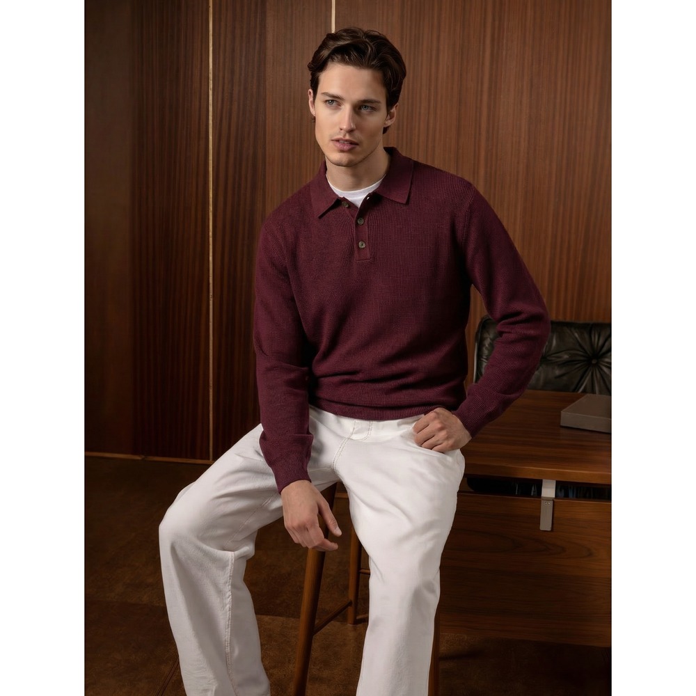 Vintage Eddie Bauer Men's Large Spring Sweater Polo Neck Burgundy Long Sleeve